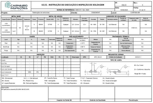 Imagem de um documento de instrução de execução e inspeção de soldagem (IEIS).